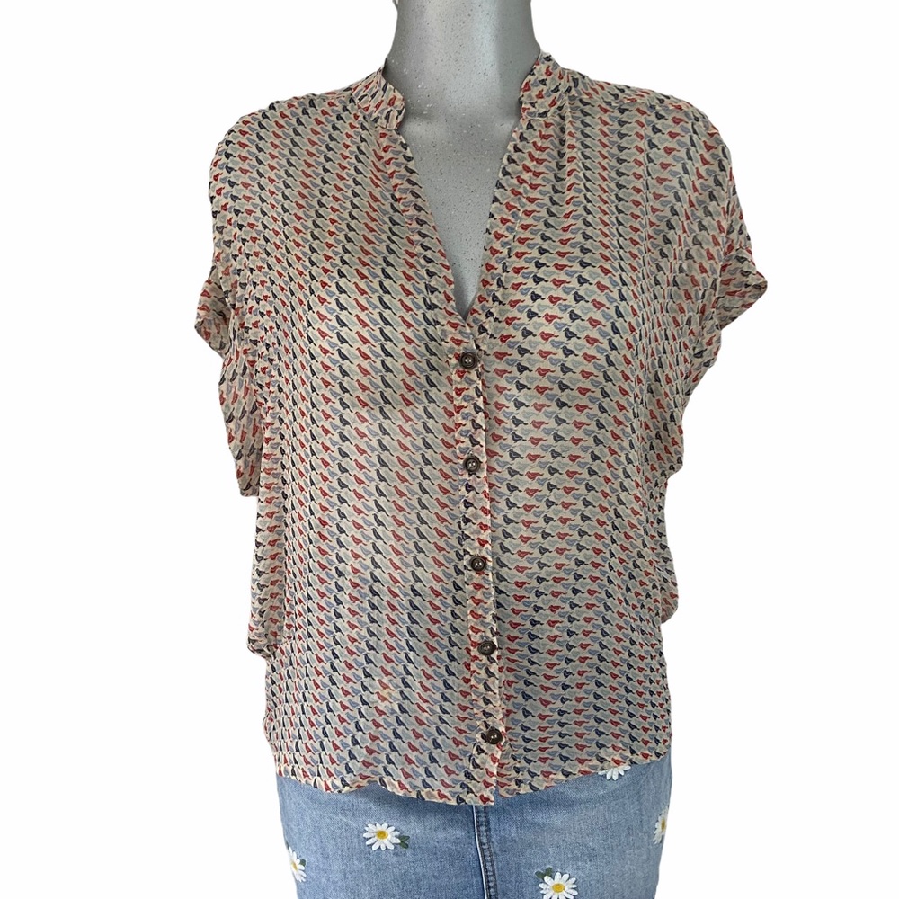 Bird Dove Novelty Print Blouse Top Sheer Bohemian Lightweight Ethereal Sz Medium